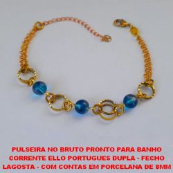 PULSEIRA NO BRUTO PRONTO PARA BANHO CORRENTE ELLO PORTUGUES DUPLA - FECHO LAGOSTA - COM CONTAS EM PORCELANA DE 8MM  - TAMANHO 18CM - PESO 6,6GR COM EXTENSOR - BRU1178