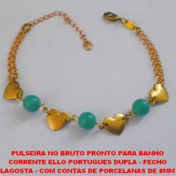 PULSEIRA NO BRUTO PRONTO PARA BANHO CORRENTE ELLO PORTUGUES DUPLA - FECHO LAGOSTA - COM CONTAS DE PORCELANAS DE 8MM - TAMANHO 18CM - PESO 6,4GR COM EXTENSOR - BRU1487