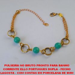 PULSEIRA NO BRUTO PRONTO PARA BANHO CORRENTE ELLO PORTUGUES DUPLA - FECHO LAGOSTA - COM CONTAS EM PORCELANA DE 8MM - TAMANHO 18CM - PESO 6,6GR COM EXTENSOR - BRU1630