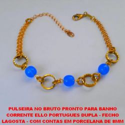 PULSEIRA NO BRUTO PRONTO PARA BANHO CORRENTE ELLO PORTUGUES DUPLA - FECHO LAGOSTA - COM CONTAS EM PORCELANA DE 8MM  - TAMANHO 18CM - PESO 6,6GR COM EXTENSOR - BRU0588