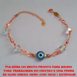 PULSEIRA NO BRUTO PRONTO PARA BANHO  TODA TRABALHADA EM CRISTAO E UMA PEDRA  DE OLHO GREGO 10MM -COM 18CM + EXTENSOR PESO TOTAL 4,6GR - BRU2282