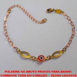 PULSEIRA NO BRUTO PRONTO PARA BANHO  CORRENTE TODA EM CORAÇÃO -  FECHO LAGOSTA COM OLHO GREGO DE CORAÇÃO- (PESO 1,8GR) TAMANHO 18CM+EXTENSOR BRU1934