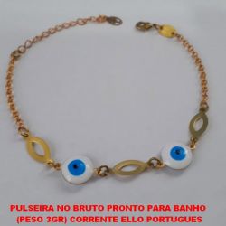 PULSEIRA NO BRUTO PRONTO PARA BANHO  (PESO 3GR) CORRENTE ELLO PORTUGUES COM ENTREMEIO VASADO E PEDRA DE OLHO GREGO 10MM - COM FECHO LAGOSTA - 18CM+EXTENSOR BRU0190