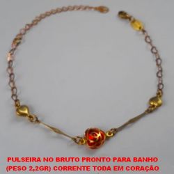 PULSEIRA NO BRUTO PRONTO PARA BANHO (PESO 2,2GR) CORRENTE TODA EM CORAÇÃO COM ENTREMEIO CORAÇÃO COM CRISTAL LAGOSTA - 18CM+EXTENSOR  BRU3450