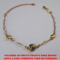 PULSEIRA NO BRUTO PRONTO PARA BANHO (PESO 2,2GR) CORRENTE TODA EM CORAÇÃO COM ENTREMEIO CORAÇÃO COM CRISTAL LAGOSTA - 18CM+EXTENSOR  BRU3684