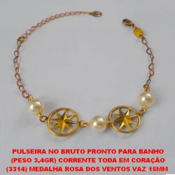 PULSEIRA NO BRUTO PRONTO PARA BANHO (PESO 3,4GR) CORRENTE TODA EM CORAÇÃO (3314) MEDALHA ROSA DOS VENTOS VAZ 15MM  TAMANHO 18CM+EXTENSOR - E PEROLAS DE 8MM BRU3399