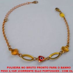 PULSEIRA NO BRUTO PRONTO PARA O BANHO PESO 2,1GR )CORRENTE ELLO PORTUGUES - COM OLHO GREGO EM FORMA DE CORAÇÃO - COM FECHO  LAGOSTA - TAMANHO 17CM +EXTENSOR - BRU3750