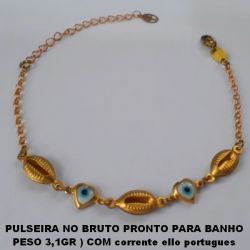 PULSEIRA NO BRUTO PRONTO PARA BANHO PESO 3,1GR ) COM corrente ello portugues E FECHO LAGOSTA C- TAMANHO 18CM  COM BUZIOS DE LATÃO E OLHO GREGO DE  CORAÇÃO - BRU0921