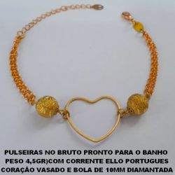 PULSEIRAS NO BRUTO PRONTO PARA O BANHO  PESO 4,5GR)COM CORRENTE ELLO PORTUGUES COM CORAÇÃO VASADO E BOLA DE 10MM DIAMANTADA TAMANHO 17CM+EXTENSOR -  BRU2921