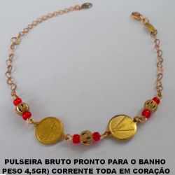 PULSEIRA BRUTO PRONTO PARA O BANHO  PESO 4,5GR) CORRENTE TODA EM CORAÇÃO MEDALHA DE NOSSA SENHORA APARECIDA -  MIÇANGAS DE CRISTAL VERMELHOS TAMANHO 18CM+EXTENSOR -  BRU1448
