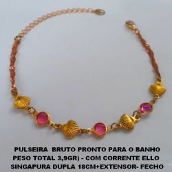 PULSEIRA  BRUTO PRONTO PARA O BANHO  PESO TOTAL 3,9GR) - COM CORRENTE ELLO   SINGAPURA DUPLA 18CM+EXTENSOR- FECHO  LAGOSTA - CRISTAL ROSA E CONCHINHAS  BRU3332