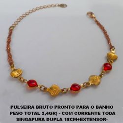 PULSEIRA BRUTO PRONTO PARA O BANHO  PESO TOTAL 2,4GR) - COM CORRENTE TODA SINGAPURA DUPLA 18CM+EXTENSOR-  FECHO LAGOSTA - COM CONCHINHAS E CRISTAL BRU2794