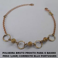 PULSEIRA BRUTO PRONTO PARA O BANHO  PESO 3,0GR) CORRENTE ELLO PORTUGUES COM ENTREMEIO BOLAS DE 6MM DIAMANTADA  FECHO LAGOSTA - 18CM+EXTENSOR  BRU0662