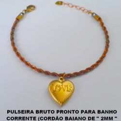 PULSEIRA BRUTO PRONTO PARA BANHO CORRENTE (CORDÃO BAIANO DE '' 2MM '' COM FECHO LAGOSTA - 17CM+EXTENSOR PESO TOTAL 6,6GR -(3870)  CORAÇÃO 17MM DUPLO DIAMANTADO LOVE BRU0067