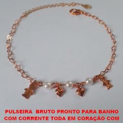PULSEIRA  BRUTO PRONTO PARA BANHO COM CORRENTE TODA EM CORAÇÃO COM FECHO LAGOSTA - PESO TOTAL 2,5GR -  COM 18CM+EXTENSOR -  BRU1114