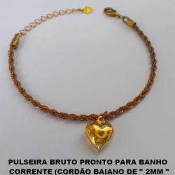 PULSEIRA BRUTO PRONTO PARA BANHO COM CORRENTE (CORDÃO BAIANO DE '' 2MM '' COM FECHO LAGOSTA - 17CM+EXTENSOR PESO TOTAL 5,8GR -(3545)  CORAÇÃO VAZADO DUPLO 12MM BRU0061