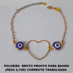 PULSEIRA  BRUTO PRONTO PARA BANHO (PESO 2,7GR) CORRENTE TRABALHADA IMPORTADA CORAÇÃO 25MM VASADO - COM OLHO GREGO  DE 10MM - 18CM+EXTENSOR - BRU0077