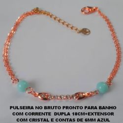 PULSEIRA NO BRUTO PRONTO PARA BANHO COM CORRENTE  DUPLA 18CM+EXTENSOR COM CRISTAL E CONTAS DE 6MM AZUL PESO TOTAL 2,2GR - BRU0361