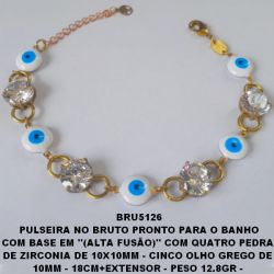 PULSEIRA NO BRUTO PRONTO PARA O BANHO COM BASE EM ''(ALTA FUSÃO)'' COM QUATRO PEDRA  DE ZIRCONIA DE 10X10MM - CINCO OLHO GREGO DE  10MM - 18CM+EXTENSOR - PESO 12.8GR -  BRU5126
