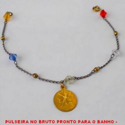 PULSEIRA NO BRUTO PRONTO PARA O BANHO -  PULSEIRA FEMININA COM MIÇAGAS DE CRISTAL,  BOLINHAS DE LATÃO E PINGENTE DE TREVO DE  QUATRO FOLHAS - TAMANHO:17,6CM - PESO:1,3GR - BRU3669