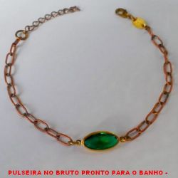PULSEIRA NO BRUTO PRONTO PARA O BANHO -  PULSEIRA FEMININA COM FECHO LAGOSTA+ EXTENSOR E CONECTOR DE CRISTAL VERDE -  TAMANHO:19,2CM - PESO:3,2GR - BRU3878