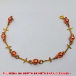 PULSEIRA NO BRUTO PRONTO PARA O BANHO -  PULSEIRA FEMININA DE ''BOLINHAS'' DE 6MM E CRUZ - TAMANHO:19,5CM - PESO:2,4GR - BRU3896