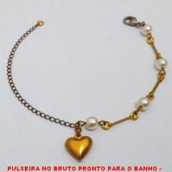 PULSEIRA NO BRUTO PRONTO PARA O BANHO -  PULSEIRA FEMININA COM PÉROLAS DE 5MM E  PENDURICALHO DE CORAÇÃO - TAMANHO:20,3CM -  PESO:2,4GR - BRU719