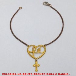 PULSEIRA NO BRUTO PRONTO PARA O BANHO -  PULSEIRA FEMININA COM CONECTOR DE CORAÇÃO  COM A PALAVRA ''FÉ'' E PENDURICALHO DE  CRUCIFIXO - TAMANHO:21,0CM - PESO:3,1GR -  BRU0883