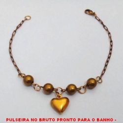 PULSEIRA NO BRUTO PRONTO PARA O BANHO -  PULSEIRA FEMININA COM MIÇANGAS DE LATÃO  DE 6MM PENDURICALHO DE CORAÇÃO  -  TAMANHO:20,5CM - PESO:2.9GR - BRU1370