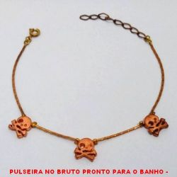 PULSEIRA NO BRUTO PRONTO PARA O BANHO -  PULSEIRA FEMININA DE CORRENTE RABO DE  RATO+EXTENSOR E COM ''PENDURICALHOS'' DE  CAVEIRA  - TAMANHO:18,0CM - PESO:4,2GR -  BRU4083
