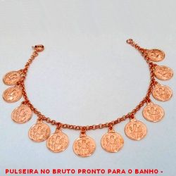 PULSEIRA NO BRUTO PRONTO PARA O BANHO -  PULSEIRA FEMININA EM COBRE COM CORRENTE  ELLO PORTUGUES E PENDURICALHOS DE SÃO  BENTO - TAMANHO:18,4CM - PESO:8,9GR - BRU4168