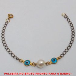 PULSEIRA NO BRUTO PRONTO PARA O BANHO -  PULSEIRA FEMININA COM OLHO GREGO  AZUL CLARO  E PÉROLA DE 7MM - TAMANHO:18,5CM - PESO:1,8GR -  BRU1580