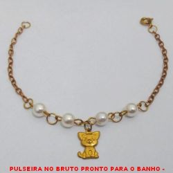 PULSEIRA NO BRUTO PRONTO PARA O BANHO -  PULSEIRA FEMININA COM PÉROLAS DE 5MM E  PENDURICALHO DE GATO - TAMANHO:18,0CM -  PESO:2,2GR - BRU4154