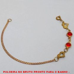 PULSEIRA NO BRUTO PRONTO PARA O BANHO -  PULSEIRA FEMININA COM CORAÇÕES E CRISTAIS  VERMELHOS - TAMANHO:18,0CM - PESO:1,5GR -  BRU4160