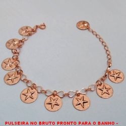 PULSEIRA NO BRUTO PRONTO PARA O BANHO -  PULSEIRA FEMININA COM PENDURICALHOS COM  ESTRELAS - TAMANHO:17CM+EXTENSOR -  PESO:6,6GR - BRU4215