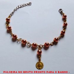 PULSEIRA NO BRUTO PRONTO PARA O BANHO -  PULSEIRA FEMININA COM BOLINHAS DE 5MM E  PENDURICALHO COM NOSSA SENHORA DE FATIMA -  TAMANHO:16,0CM+EXTENSOR - PESO:4,0GR -  BRU4082