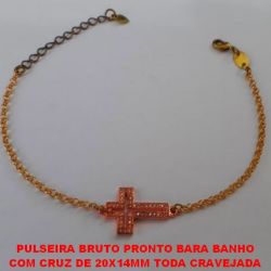 PULSEIRA BRUTO PRONTO BARA BANHO COM UM CRUZ DE 20X14MM TODA CRAVEJADA COM CORRENTE ELLO PORTUGUES - COM FECHO LAGOSTA 18CM+EXTENSOR - PESO 3,2GE - BRU2813