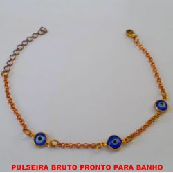 PULSEIRA BRUTO PRONTO BARA BANHO COM CORRENTE ELLO PORTUGUES DUPLA COM FECHO LAGOSTA - COM TREIS OLHO GREGO DE 7MM PESO 2,5GR - TAMANHO  17CM+EXTENSOR  BRU1175