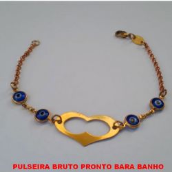 PULSEIRA BRUTO PRONTO BARA BANHO COM CORRENTE ELLO PORTUGUES DUPLA COM FECHO LAGOSTA - COM QUATRO OLHO GREGO DE 7MM E UM CORAÇÃO DE 28X15MM PESO 2,9GR - TAMANHO  18CM -  BRU3024