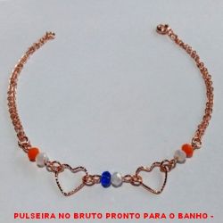 PULSEIRA NO BRUTO PRONTO PARA O BANHO -  PULSEIRA FEMININA COM MIÇANGAS SEXTAVADAS  E CORAÇÕES - TAMANHO:20,5CM - PESO:2,1GR - BRU0106