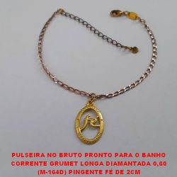 PULSEIRA NO BRUTO PRONTO PARA O BANHO CORRENTE GRUMET LONGA DIAMANTADA 0,60 (M-164D) PINGENTE FÉ DE 2CM - 18CM + EXTENSOR PESO 2,9GR - BRU2135