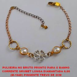 PULSEIRA NO BRUTO PRONTO PARA O BANHO CORRENTE GRUMET LONGA DIAMANTADA 0,60 (M-164D) PINGENTE TREVO DE 2CM - 18CM + EXTENSOR PESO 2,9GR - BRU901
