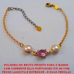 PULSEIRA NO BRUTO PRONTO PARA O BANHO(P154)  COM CORRENTE ELLO PORTUGUES FIO 80 COM FECHO LAGOSTA E EXTENSOR - E DUAS PEROLAS E 1 PEDRA DE ZIRCONIA - 3,5GR - 18CM -  BRU394