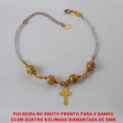PULSEIRA NO BRUTO PRONTO PARA O BANHO CCOM QUATRO BOLINHAS DIAMANTADA DE 8MM TOTA TRABALHADA - CORRENTE DUPLA - PESO 3,9GR - 20CM+EXT. BRU2622