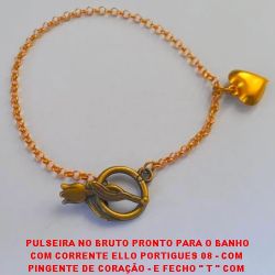 PULSEIRA NO BRUTO PRONTO PARA O BANHO COM CORRENTE ELLO PORTIGUES 08 - COM  PINGENTE DE CORAÇÃO - E FECHO '' T '' COM  DESENHO DE FOLR - 3,2GR - 18CM - BRU2711