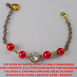 PULSEIRA NO BRUTO PRONTO PARA O BANHO(GUA) COM CORRENTE ELLO PORTUGUES(P85) COM MIÇANGAS COLORIDA E ZIRCONIA COM BASE EM ALTA FUSÃO 19CM+EXTEN.FECHO LAGOSTA- 8,6GR - BRU0203