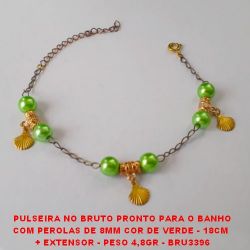 PULSEIRA NO BRUTO PRONTO PARA O BANHO COM PEROLAS DE 8MM COR DE VERDE - 18CM  + EXTENSOR - PESO 4,8GR - BRU3396