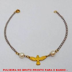 PULSEIRA NO BRUTO PRONTO PARA O BANHO -  PULSEIRA FEMININA COM PÉROLAS DE 5MM E  ESPIRITO SANTO - TAMANHO:19,8CM - PESO:1,7GR -  BRU3943