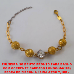 PULSEIRA NO BRUTO PRONTO PARA BANHO COM CORRENTE CADEADO LONGO(M-0188) PEDRA DE ZIRCONIA 10MM -PESO 7,1GR - TAMANHO 18CM+EXTENSOR - BRU3518