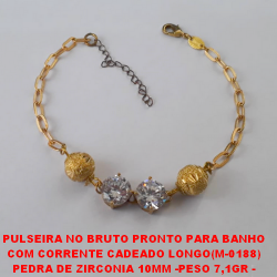 PULSEIRA NO BRUTO PRONTO PARA BANHO COM CORRENTE CADEADO LONGO(M-0188) PEDRA DE ZIRCONIA 10MM -PESO 7,1GR - TAMANHO 18CM+EXTENSOR - BRU3524